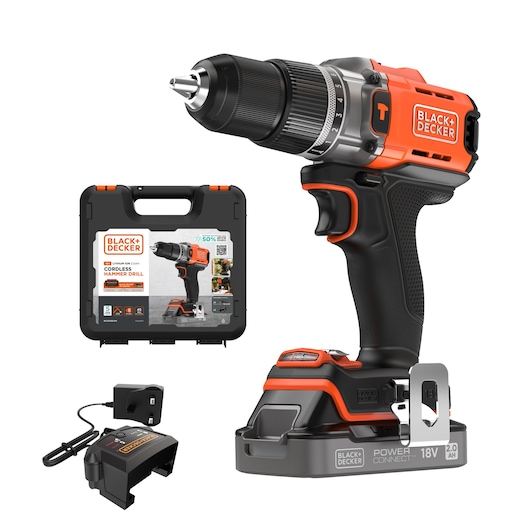 BLACK+DECKER® POWERCONNECT™ 18V Cordless Hammer Drill with battery, UK charger and hard case.