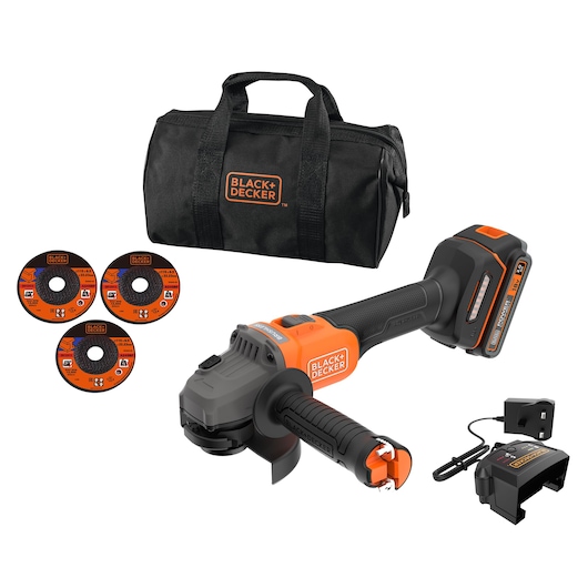 BLACK+DECKER® 18V POWERCONNECT™ Brushless Angle Grinder with three grinding discs, 2.0Ah battery, UK charger and soft case.